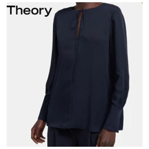 Theory Silk MED Navy Blue Keyhole Tie Front Cuffed Sleeve Blouse Tunic Minimal - Picture 2 of 9